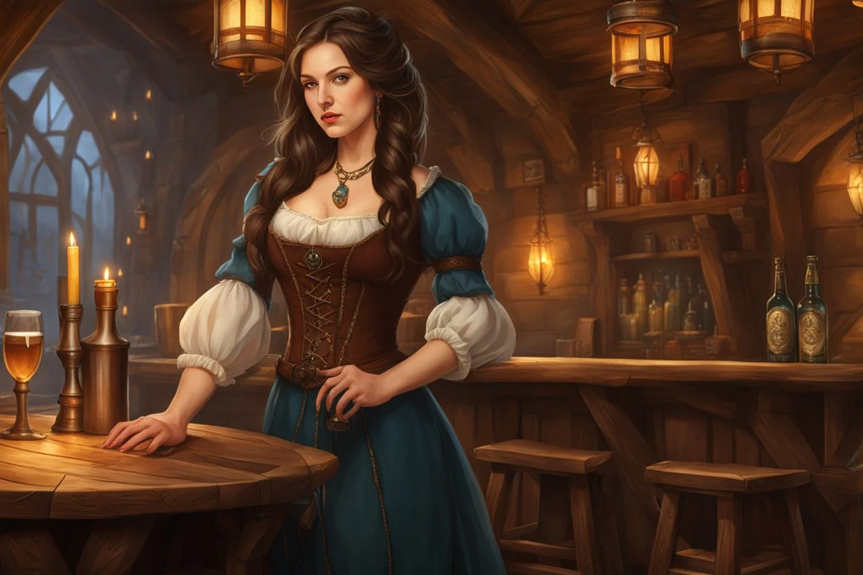 A young woman with pale skin and long brown hair in a fantasy tavern setting with intricate details. She is a tavern wench who is serving alcohol to a party of adventurers. High definition.