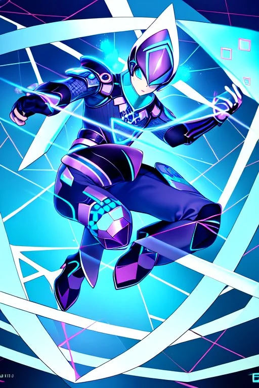 neon blue, flying parts of armor in form of triangles, cyber armor, geometric patterns on armor, male, orbiting triangle