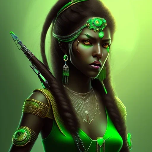 personnage de fantaisie, maximum détails, féminin, peau sombre, indienne, mèche verte