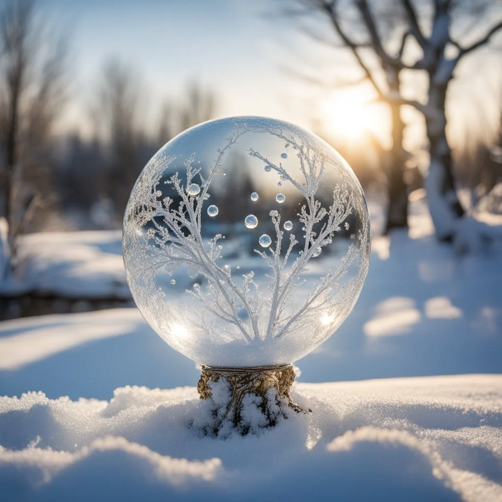 Frozen bubble in front of a snowy landscape, the bubble has wonderful icecrystals and the sun is shining, frozen, cold outside, swirley golden and silver lines, beads and pearls cover a tre trunk in the background