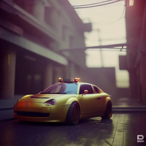 3d rendering. futuristic steampunk yellow car. Tokio background. Lost in Time