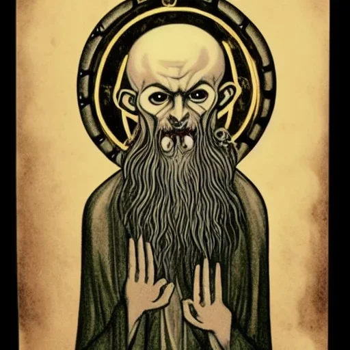 Russian Orthodox nosferatu with five eyes and tentacle beard and long arms and fingers