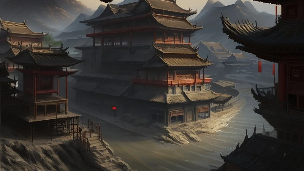 ancient, fantasy, chinese town, dune, crater, sand strom, destroyed chinese houses