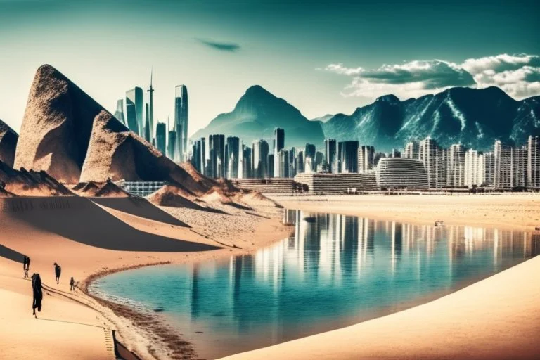 Modern city, people, mountains, sand, rocks