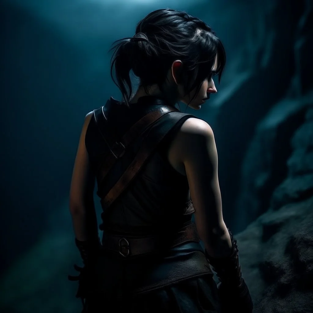 a beautiful dark haired tiefling woman in a sleeveless battle outfit, seen from the back, at the edge of a precipice in the dark, ready to jump, photo quality, dark colors