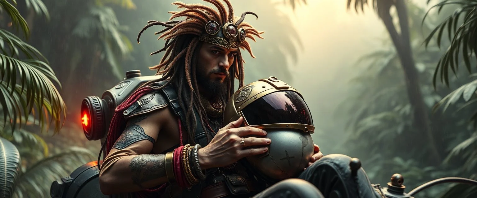 portrait of space gypsy bloodsucker space traveller in avid space craft, unearthly beauty nature dreamlike, small vessel landing in wet jungle, sexy one, holding his captain helmet in lap, goa trance halloween glam rock soul opera, explorer new frontier, meeting with two new races beyond our star system