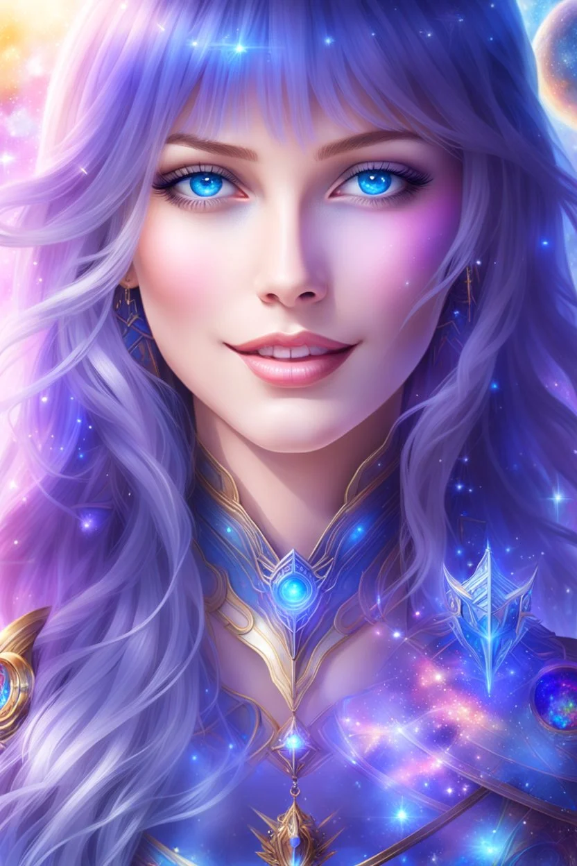 cosmic woman angels smile, admiral from the future, one fine whole face, crystalline skin, expressive blue eyes,rainbow, smiling lips, very nice smile, costume pleiadian, Beautiful tall woman pleiadian Galactic commander, ship, perfect datailed golden galactic suit, high rank, long blond hair, hand whit five perfect detailed finger, amazing big blue eyes, smilling mouth, high drfinition lips, cosmic happiness, bright colors, blue, pink, gold, jewels, realist, high commander,ufo rainbows