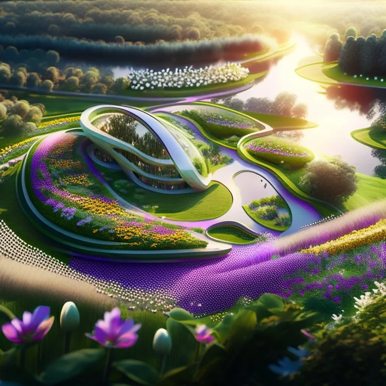 Zaha Hadid style country house hyperrealistic flower garden warm weather 8k aerial view