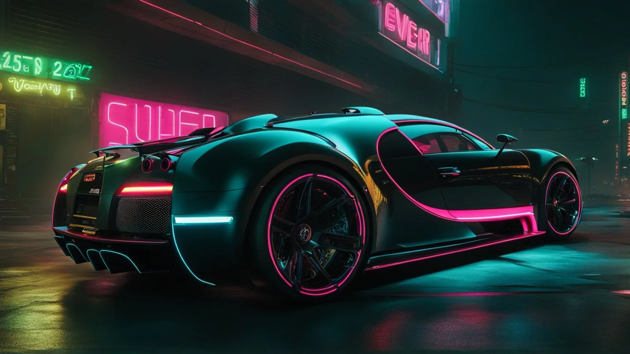 Bugatti Super Veyron Cyberpunk 2077 neon Style, Super Detailed, desktop wallpaper, 4K rear view, center