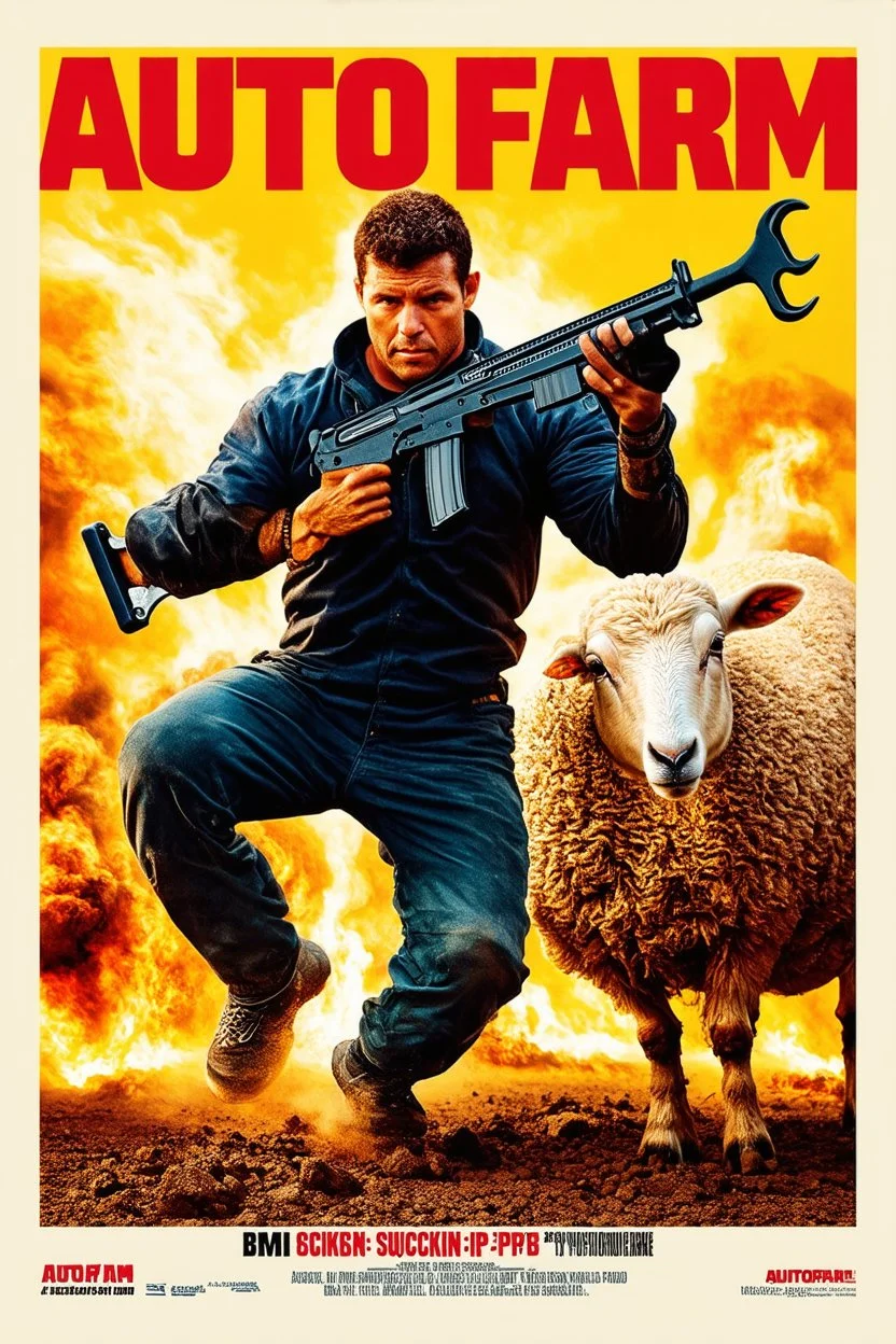 "Create a 90s-style action movie poster titled 'AUTOfarm. Include the ("subtitle 'BMI - BMI Suckin-p-p' prominently") Feature a heroic mechanic battling thousands of people with a spanner, and in the background, show a sheep holding a machine gun. The scene should be intense and dynamic, capturing the high-energy and gritty aesthetic of classic 90s action films.