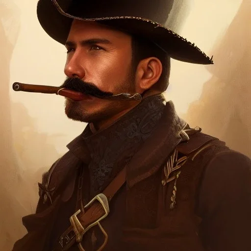 portrait,"Insanely detailed photograph of a eye patch male western mustachioed crossbowman", detailed charro and Sombrero, digital painting, cigar, artstation, concept art, sharp focus, illustration, art by artgerm and greg rutkowski and alphonse mucha, 8 k,fantasy, unreal engine