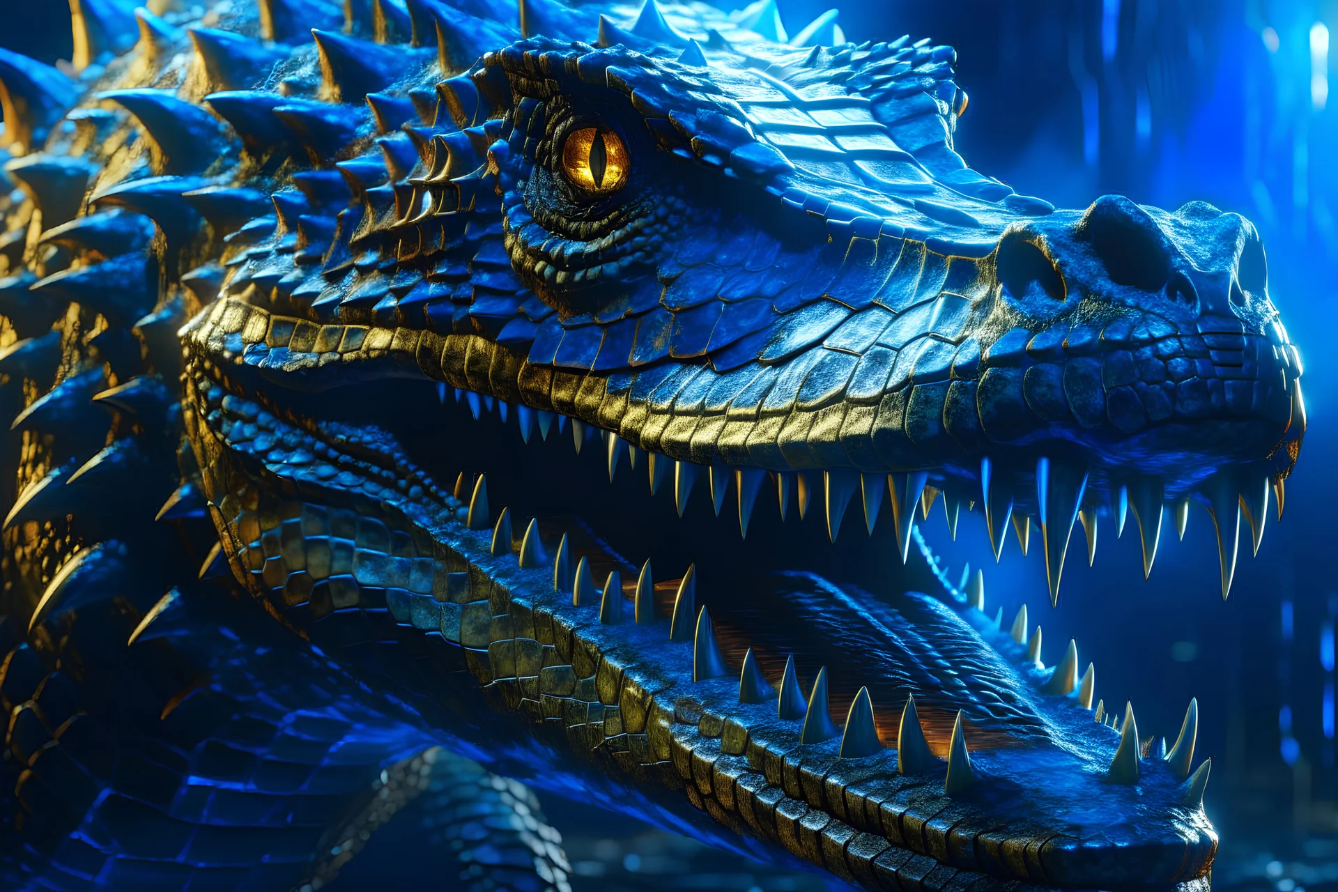 Monstrous crocodile with sharp spikes and lots of teeth in 8k solo leveling shadow artstyle, machine them, close picture, rain, intricate details, highly detailed, high details, detailed portrait, masterpiece,ultra detailed, ultra quality