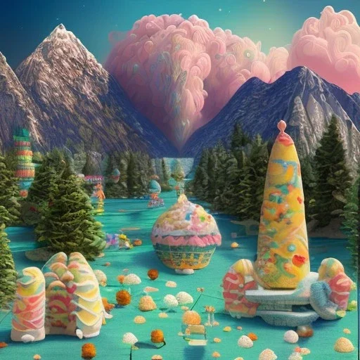 A landscape shot In the background A mountain made of cakes . above the mountain are pink and blue cumulus clouds made of cotton candy. a forest of lollipops and candy canes surround the lake. in the center a large ice cream float that is a lake. Groups Gingerbread people are sunbathing under a sunflower sun. Some gingerbread people are drinking from the lake