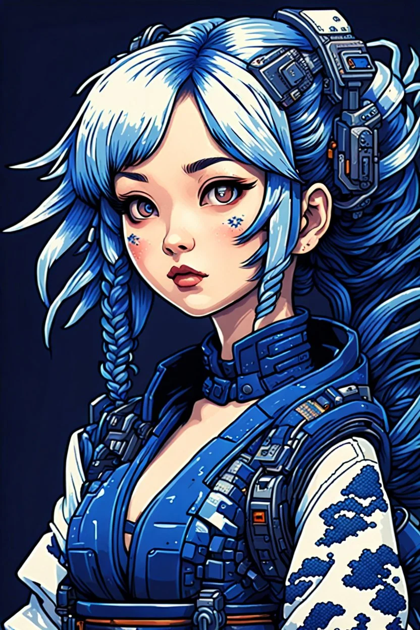 beautiful cyberpunk petit girl, hyperdetailed, behind made 8bits and Pixel Art, illustration by Katsushika Hokusai, darkblue tones,