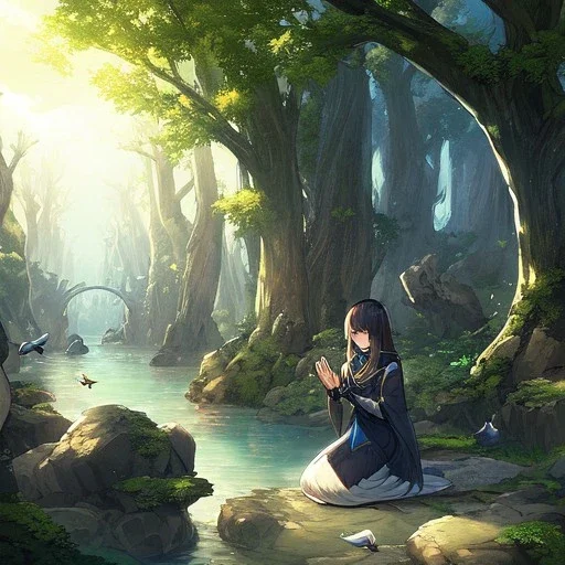 anime girl praying, kneeling, rock trees, birds, creek