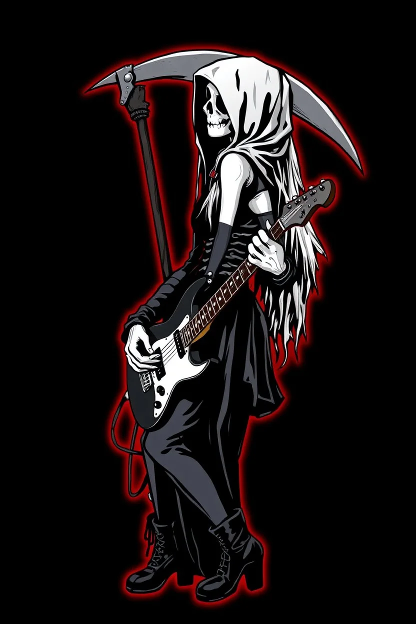 goth girl(dressed as the grim reaper) rockin' on the guitar, leaning back, dark background, red outline, vignette