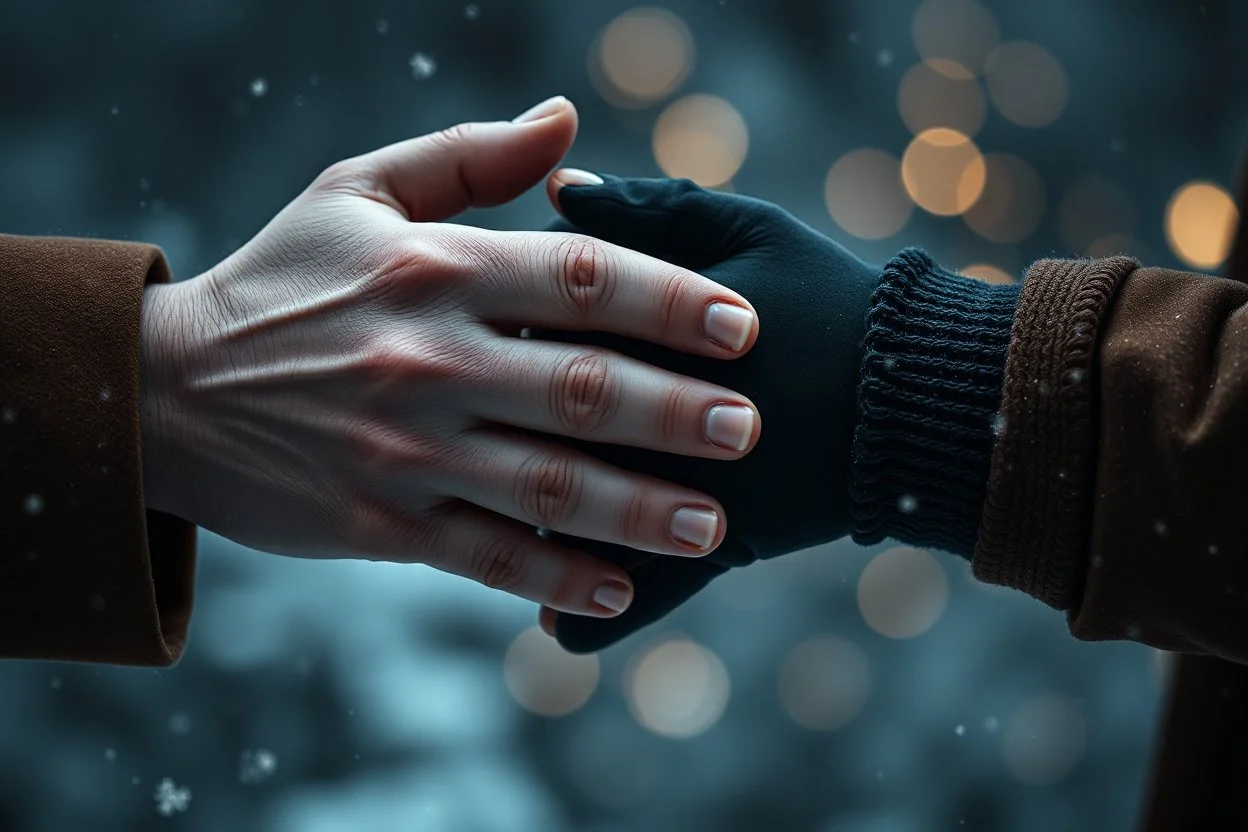 close up photo of several interlocking perfect male and female and child and old human hands holding each other, winter, sharp focus, cold deep colors, gloomy, cinematic, little pale warm lights balls in background,, cold, high realistic, sad mood, perfect shot, perfect composition