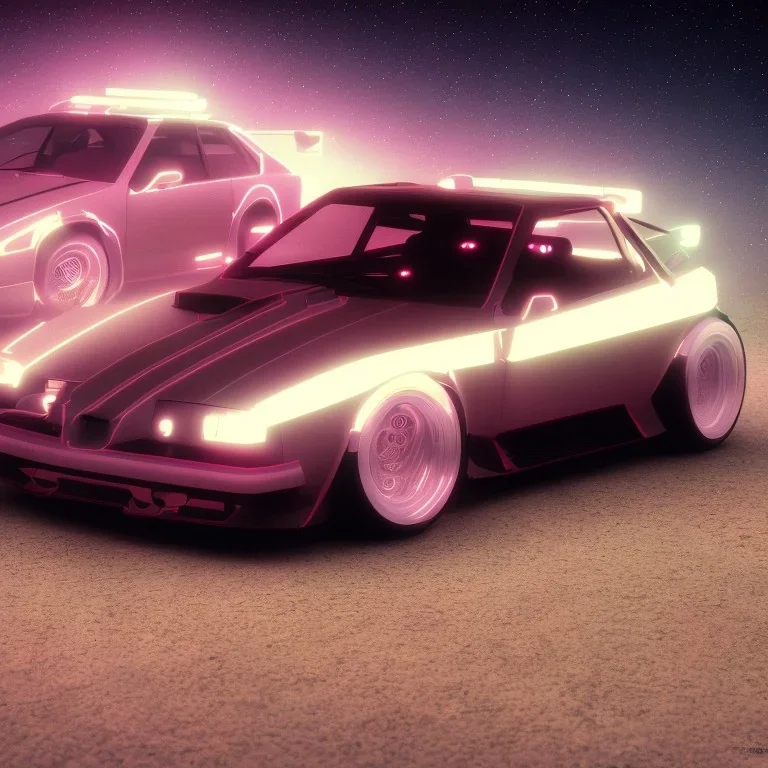 1980's aesthetic vaporwave sports car glowing in a dark field at night