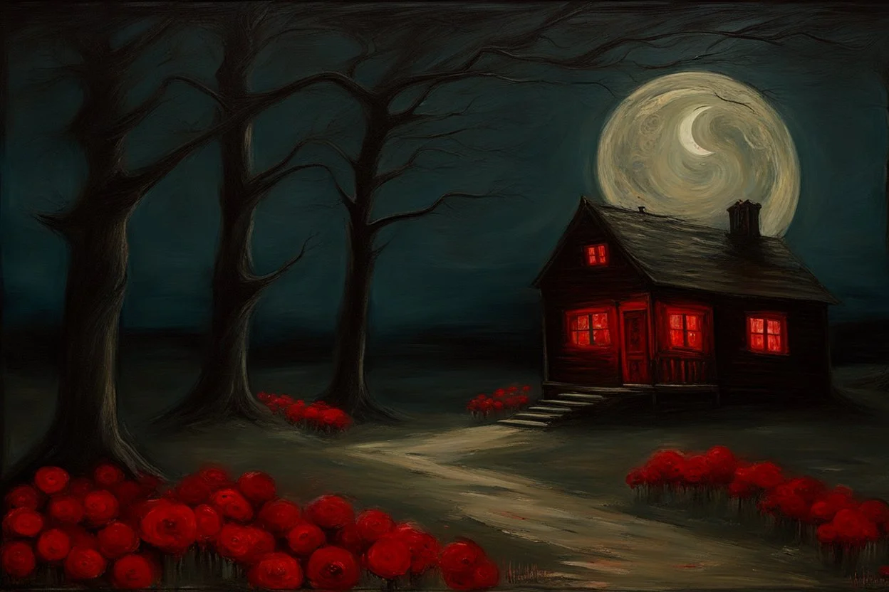 Creepy trees, creepy night, moon, cabin, red flowers, horror, philip wilson steer impresionism painting