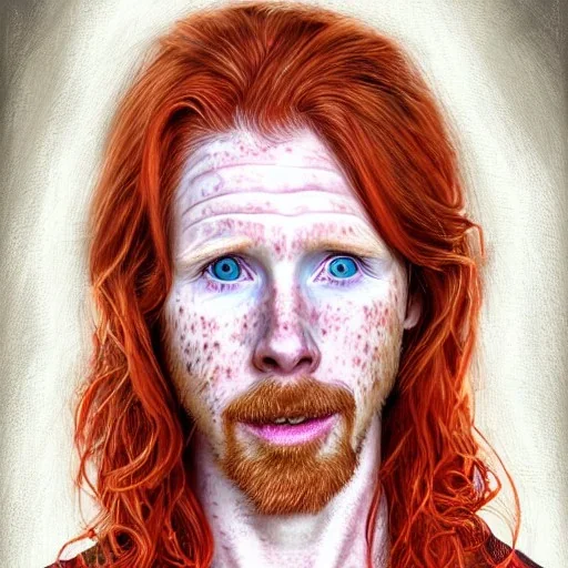 Portrait of young Courtney Gains as a ruggedly handsome, joyful, roguish pirate, charismatic, attractive male, masculine, perfect, precisely detailed clear eyes, unblemished, flawless skin, softly freckled face; meticulously detailed multi-hued ginger carrot-colored cherry fire red hair; fantasy, intricate, elegant, highly detailed, digital painting, concept art, matte, sharp focus, illustration, art by artgerm and greg rutkowski and alphonse mucha