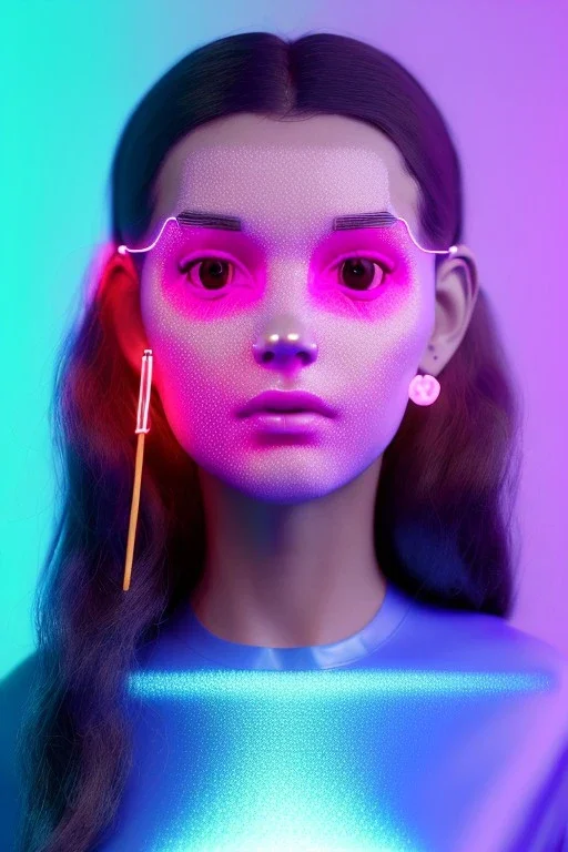 Ultra Realistic image, Rosalía artist, casual portrait, normal complexion, natural small busty, two bows, little chopsticks hair ,black eye long liner, sweet face, latex t-shirt, inflatable open coat, gold pink and blue style, spray line glow, geometric led jewelry, fog, hot, inflatable style latex coat, vibrant color, highly detailed, art stations, concept art, smooth, unreal engine 5, god rays, ray tracing, RTX, lumen lighting, ultra detail, volumetric lighting, 3d, finely drawn.