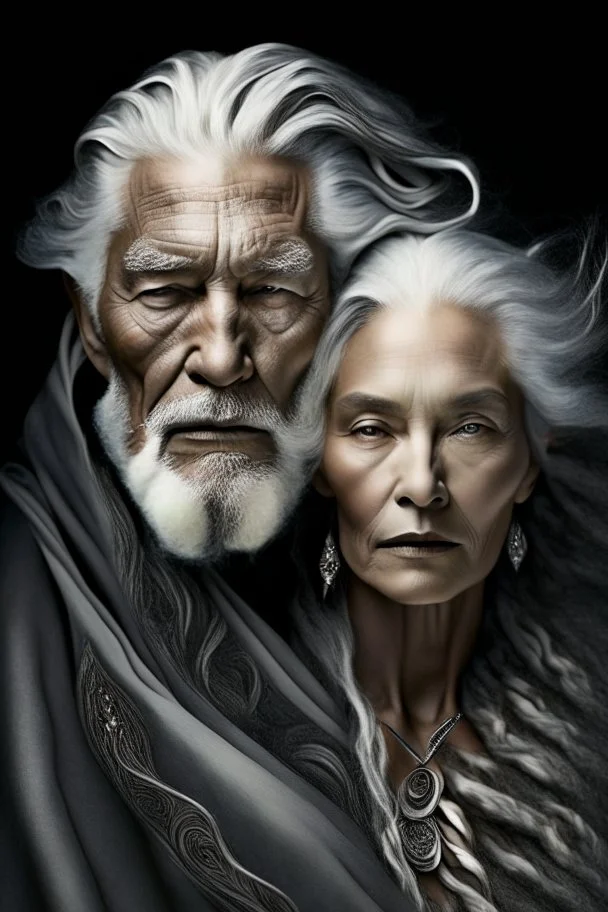 a photo of an White man and woman with ethnic jewelry, grey hair and grey flowing robe, in style of Annie Leibovitz, contemporary portrait of a mature yet beautiful and modernist, black and grey, detailed face, swirling fluid smokey enigma, award-winning artwork