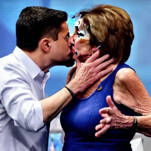 NANCY PELOSI, KISSING Volodymyr Zelensky WITH A BEARD wearing TANKTOP,