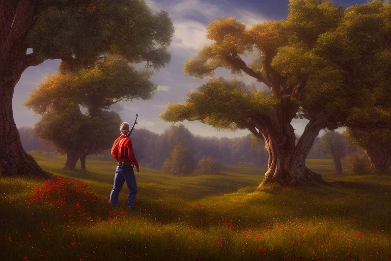 An Oak tree,on a valley,blue deep sky, Colourful meadow,and a man in red with a gun like a heist,details,texture,8k quality, 100 meters snapshot, Expressionism