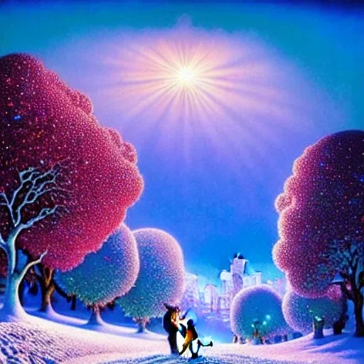 Redfoo has a snow shovel, he is shoveling snow, detailed face, meticulously detailed afro hair; ethereal fantasy hyperdetailed mist, luminous colorful sparkles, glitter, snowflakes, ice crystals, airbrush, by Maxfield Parrish, Alphonse Mucha, Henri Rosseau, Cyril Rolando, Fausto-Giurescu, Dan Mumford, CryEngine, volumetric lighting