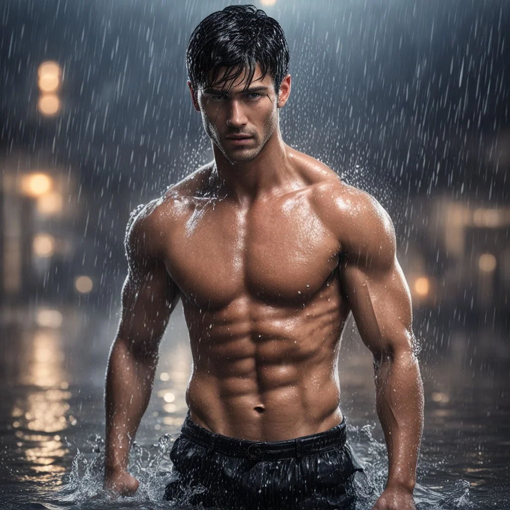 Hyper realistic Extremely Handsome shirtless with short black hair muscular man getting wet in a rainy night wearing black shirt