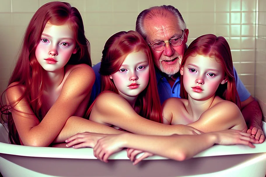 digital art of beautiful young auburn hair teenage girls with dad in the bedroom in a bathtub with grandpa hugging bare lips