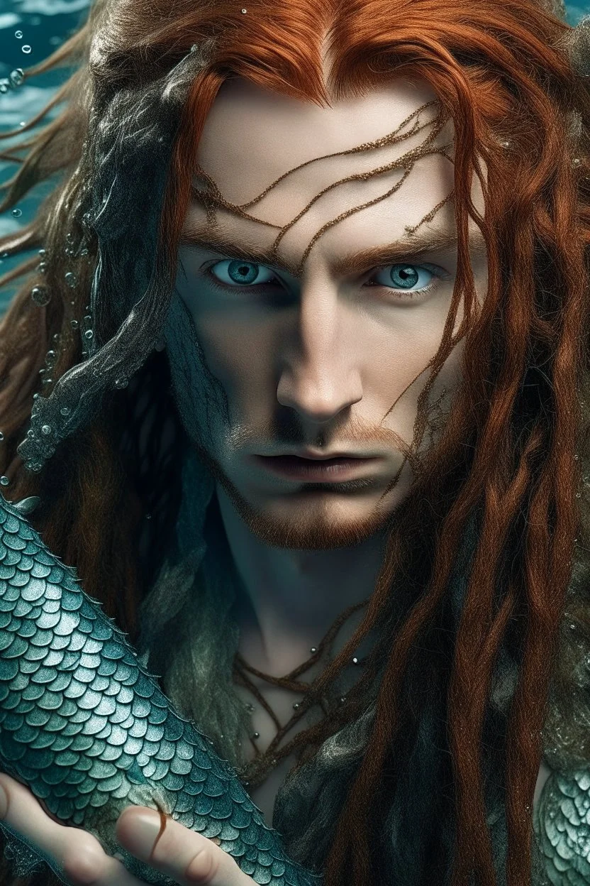 wet pirate nereid male with fish scale skin and seaweed highlights in long auburn hair