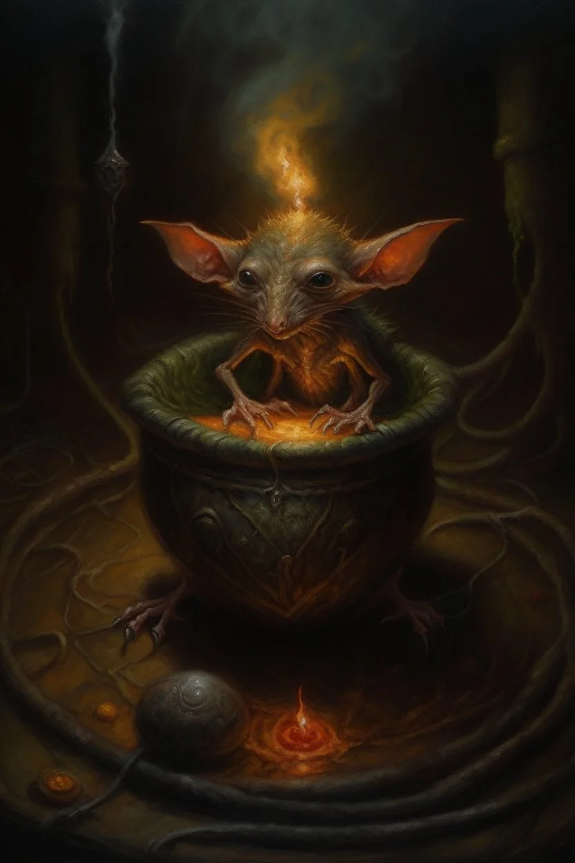 Living cauldron with shining sigil, slightly demonic alien gremlin rat in it, prize winning oil painting