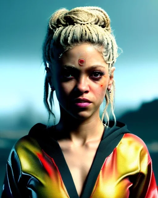 portrait, Shakira, blonde artist, angry, Realistic image, MMA robe, hoodie, mma gloves, loose long hair, fight pose, eyes, make-up, gold line make-up, moisture, sweat, fog, goddess, Neon colors, leds. Black background, photo studio, concept art, smooth, unreal engine 5, god lights, ray tracing, RTX, lumen lighting, ultra detail, volumetric lighting, 3d, finely drawn, high definition, 4k.