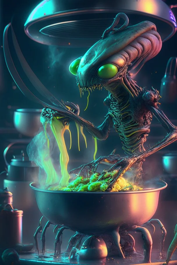 Alien cooking , artstation, HD, octane render, 8k resolution