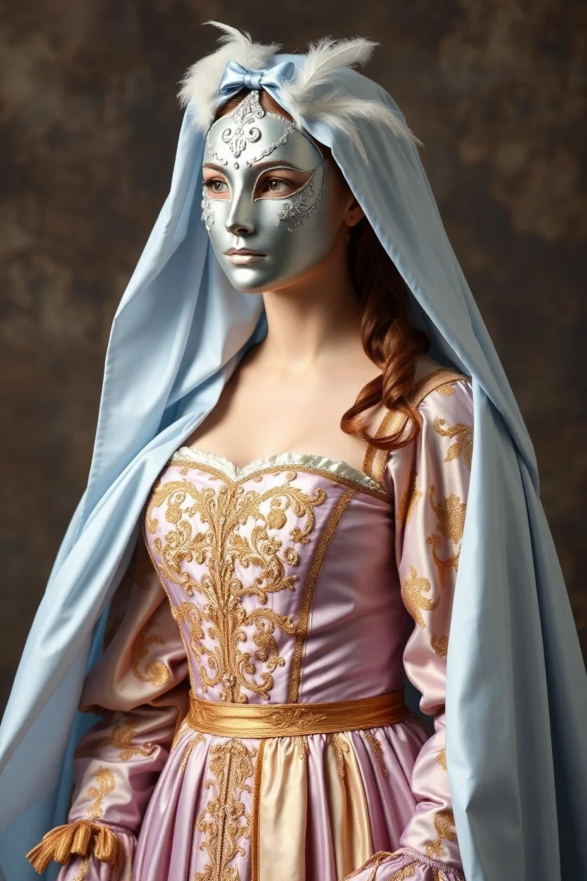На ней было платье итальянского ренессанса сиреневого и золотистого цвета. Поверх был нежно голубой плащ как у феи крестной, напоминающее небо и легкое как облако. Маска, такая же серебристая, но слегка покрыта перьями.