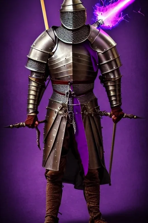 medieval Knight, violet color, high detail, sorcery, sparks, mechanical, plasma, treasure, weapons, slithery, legendary, castle, dragon, confident, proud, danger