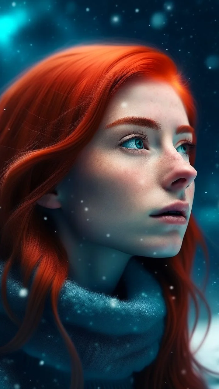 beautiful girl with red hair dreaming of a galaxy world with some snow