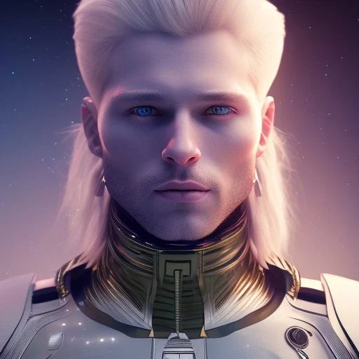 Full body ,Beautiful cosmic man, blue eyes, long blond hair, cosmic suit, galactic backdrop, soft lighting, hyper realistic, unreal engine 5, 16k