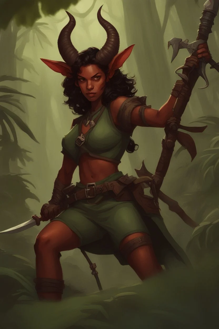 A DnD character. A female horned Tiefling ranger in a jungle. The Tiefling has a little dinosaur on her shoulder and a rapier in her hand.