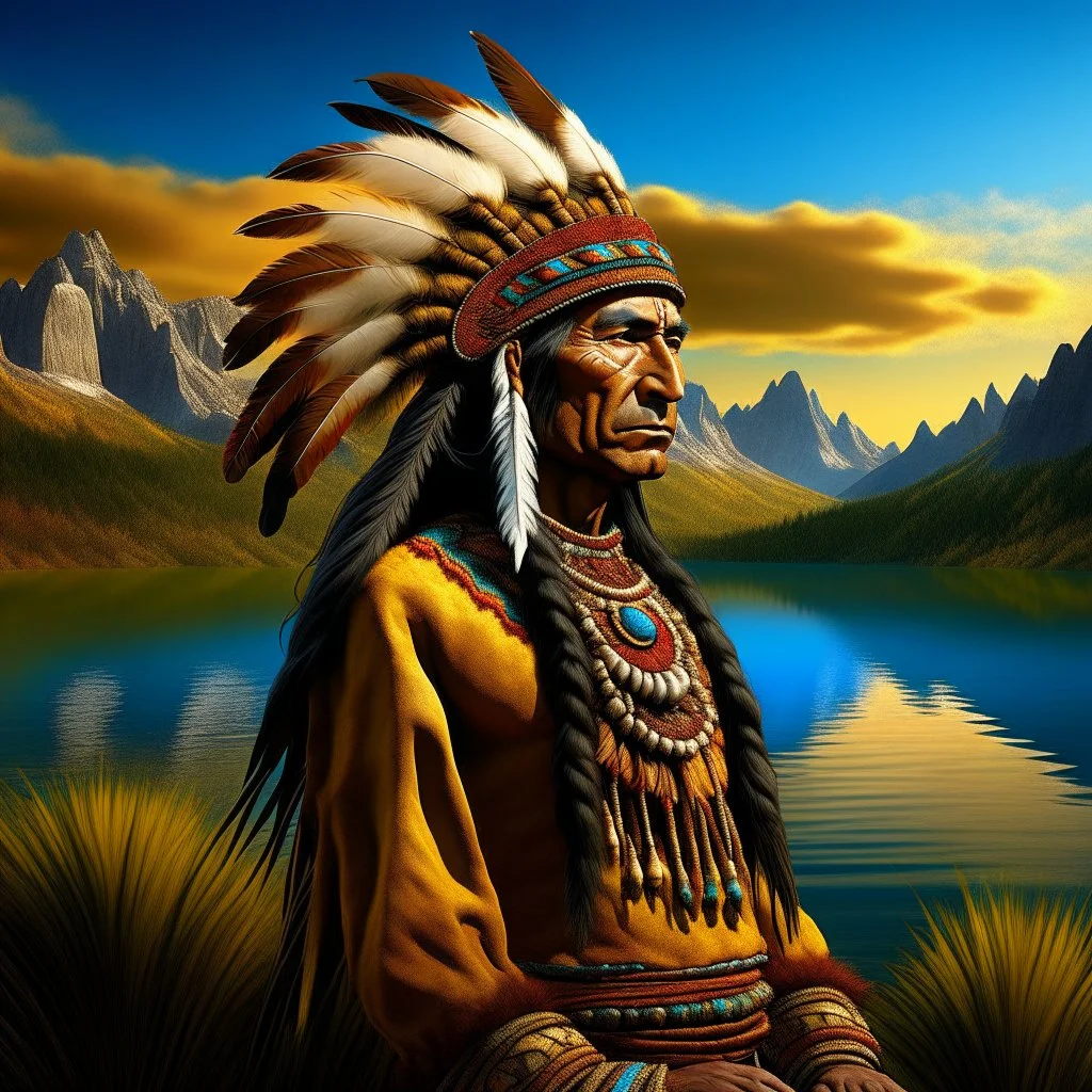 stunning 3D render of a painting in the style of Rembrandt featuring Winnetou, the chief of the Aachen tribe. Winnetou is depicted as a noble and wise leader, adorned with intricate feathers and a colorful headdress. The background portrays a vast, rugged landscape with a rocky mountain range and a serene lake, casting a warm golden glow. The overall atmosphere is a mix of both realism and dreamlike fantasy, reflecting Rembrandt's masterful use of light and shadow., illustration, 3d render, pain