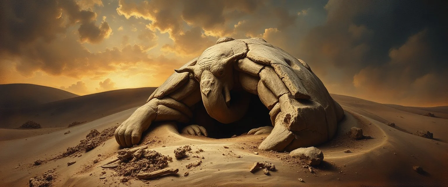 master oil painting by Rembrandt, good afternoon clay golem peeking out of a sand twister whirlwind cocoon