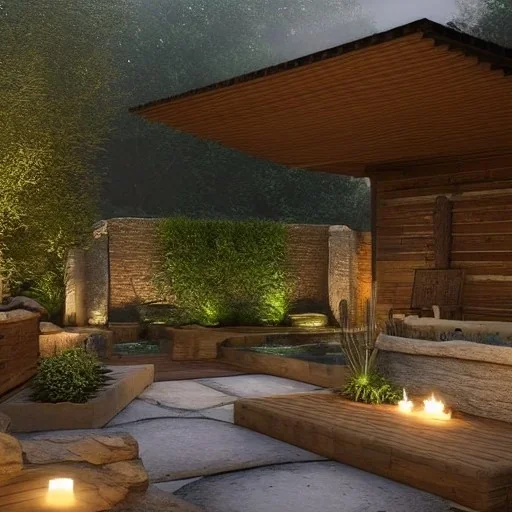 a gorgeous, stunning garden deck with rustic walls and floor, wicker furniture, tranquil pool surrounded by smooth stones, lit candles, plants, cozy, 8k resolution, high-quality, fine-detail, zen-like, digital art, detailed matte, volumetric lighting, illustration, 3D octane render, brian froud, howard lyon, selina french, annie stokes, lisa parker, greg rutowski