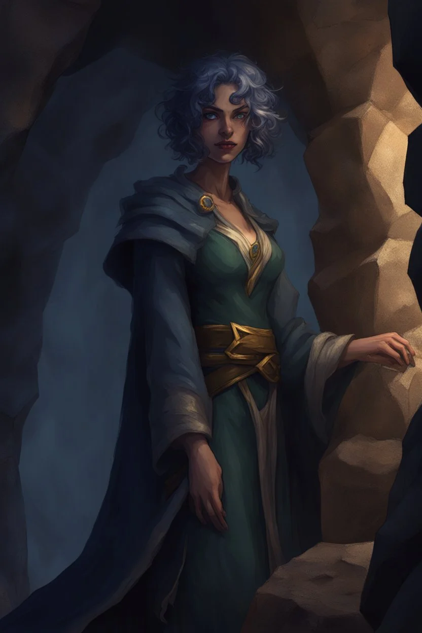 Dnd character in a dark cave. Leaning against a wall. A female Elf twilight cleric with super curly, super short, dark blue hair and golden eyes, wearing gray and dark green robes. Etheral, muscular, strong.