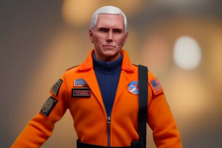 Mike pence G.i. Joe toy doll space force uniform inside a blister package hanging on A rack in toystore, fluorescent orange, wide angle shot whole body, black moonboots, Green, space helmet, head to toe