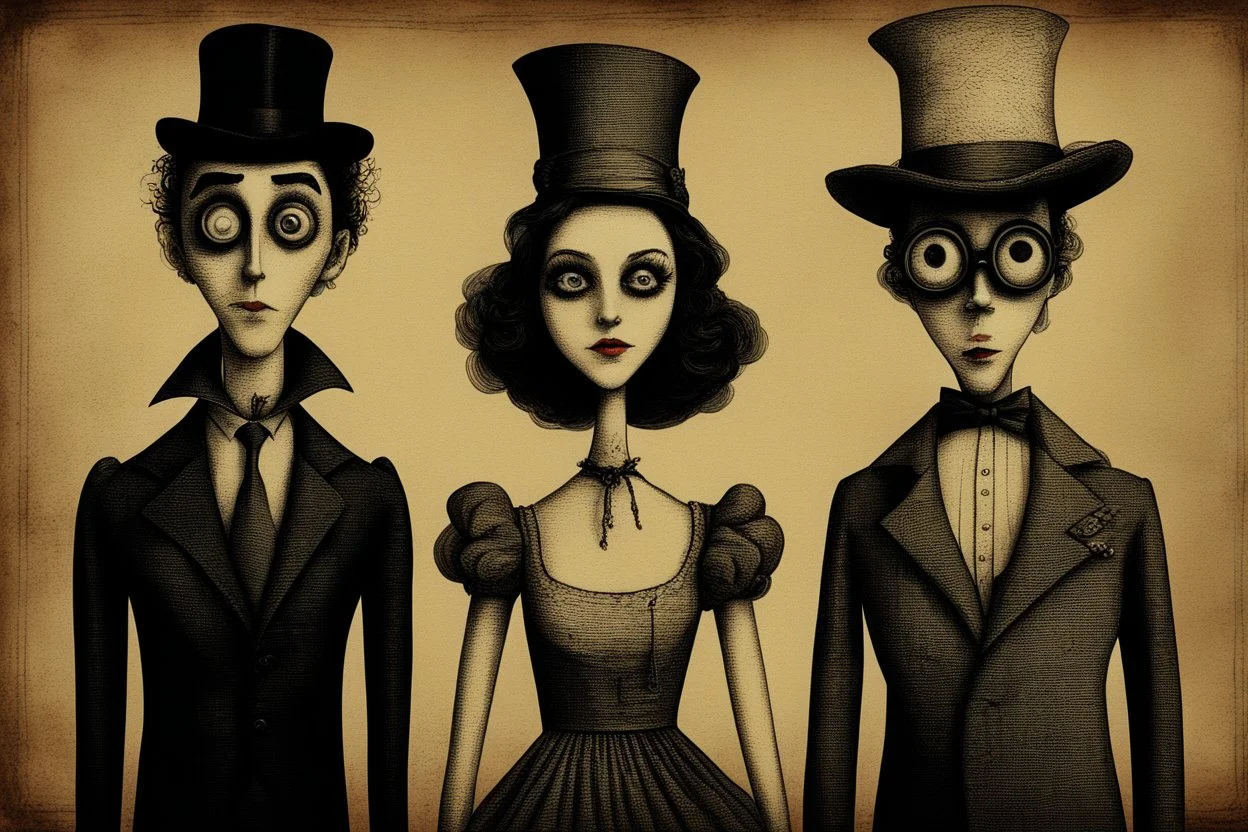 tim burton style characters man woman love vintage framed antique texture