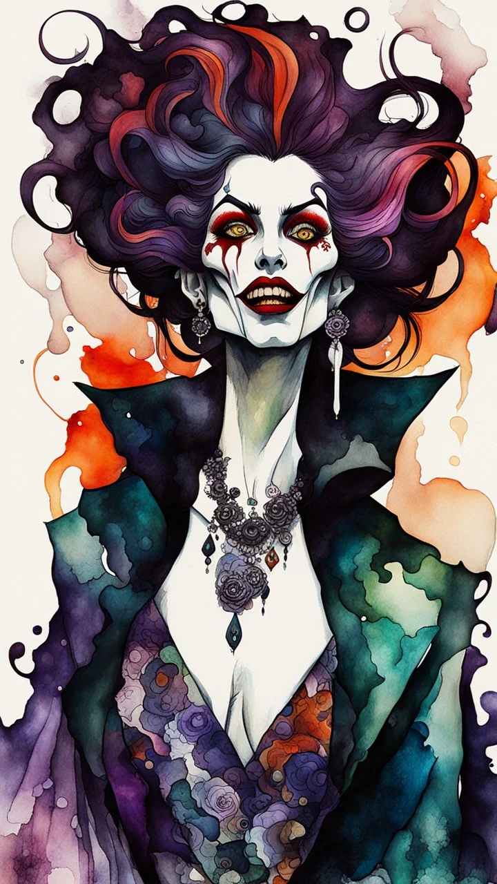 highly surreal abstract expressionist, digital ink wash and watercolor, full body, caricature illustration by Egon Schiele of a psychedelic vampire sorceress with highly detailed hair and facial features, overly exaggerated mouth, thick lips, manga inspired, vibrant natural color palette, , unusual colors, trippy, inspired by Cruella Deville