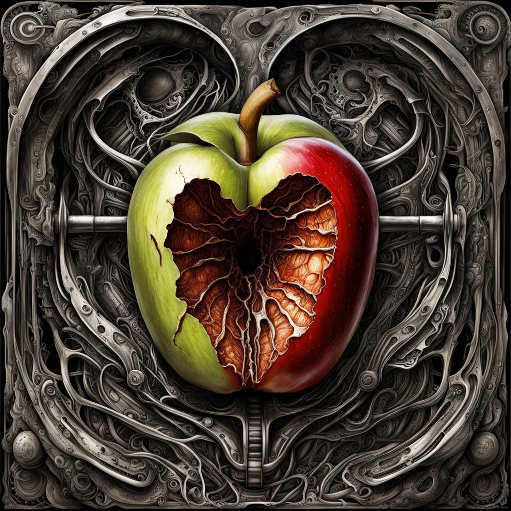 half eaten apple, apple core is metallic mechanics, neo surrealism, high concept art, beautiful smooth art, by nicola Samuri and giger