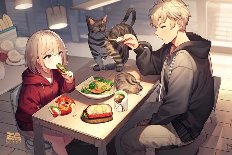 Ac cat wearing a hoodie is sitting on a table eating sushi