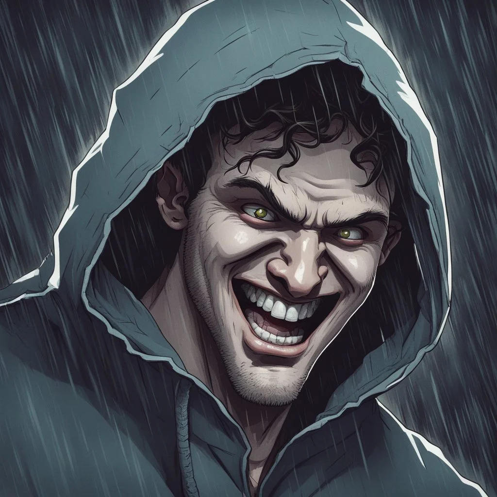 a closeup of a psychopathic young man with white eyes in a heavy coat and hood during a rainstorm laughing cartoon